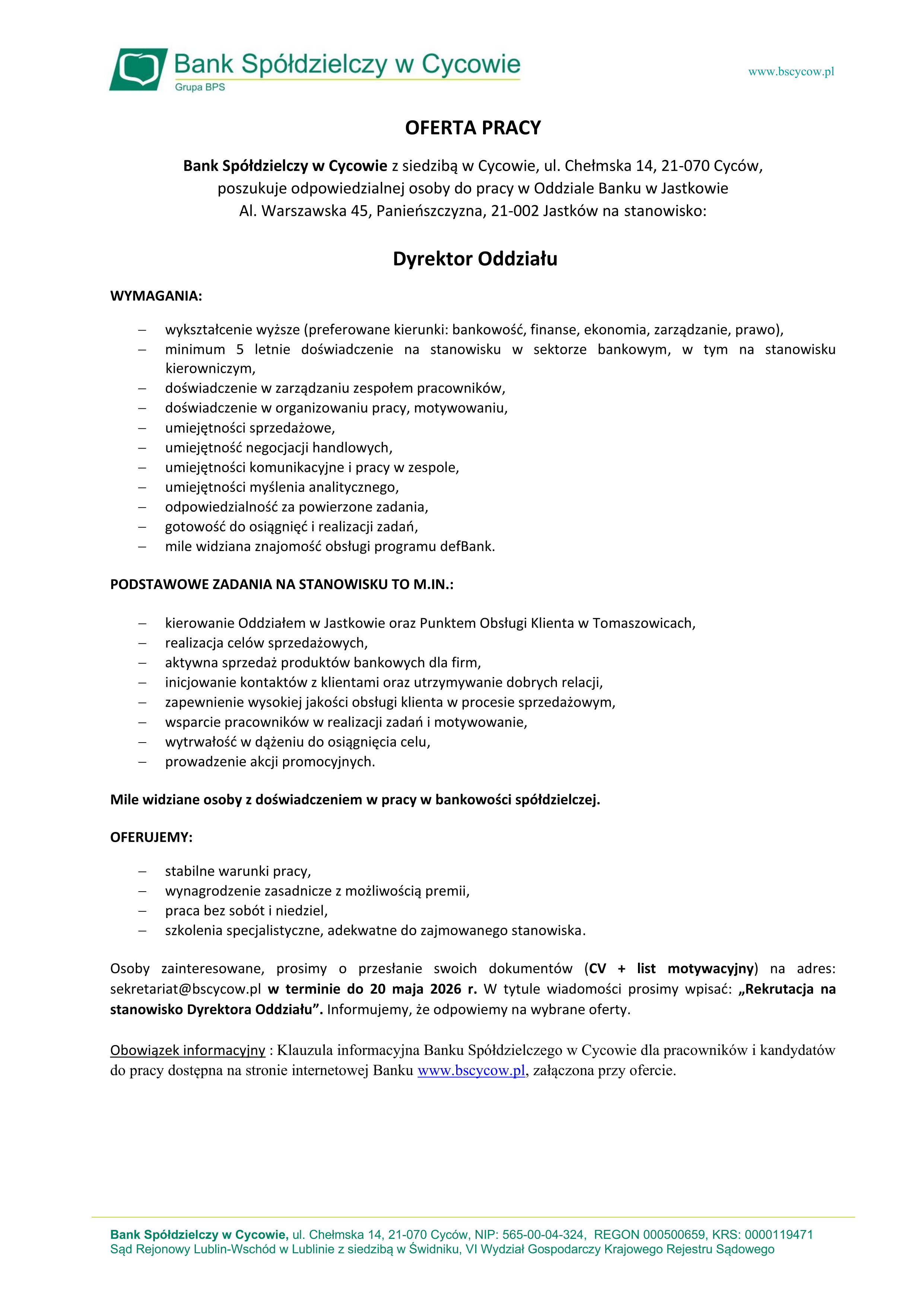 Oferta pracy Dyrektor Oddzialu w Jastkowie