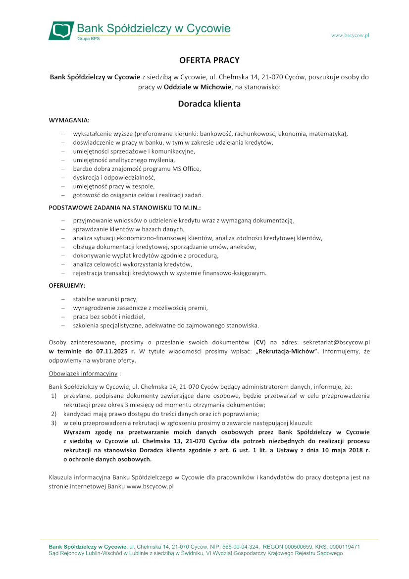Oferta pracy Doradca Klienta Michow 2025