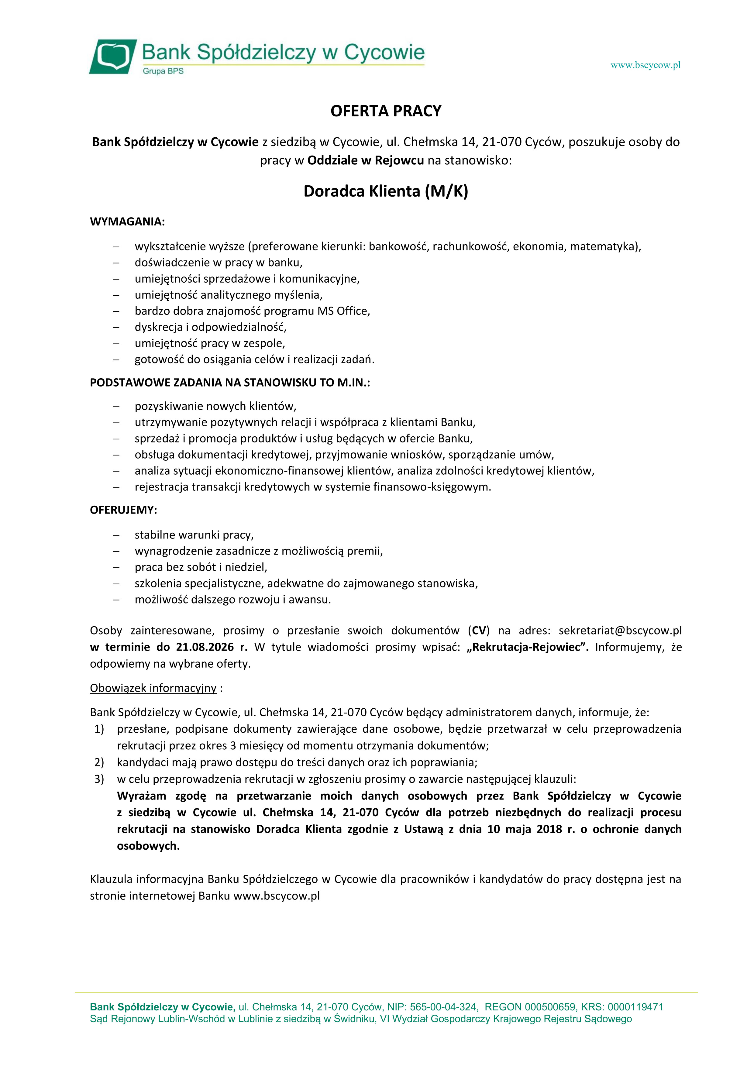 Oferta pracy Doradca Klienta Rejowiec