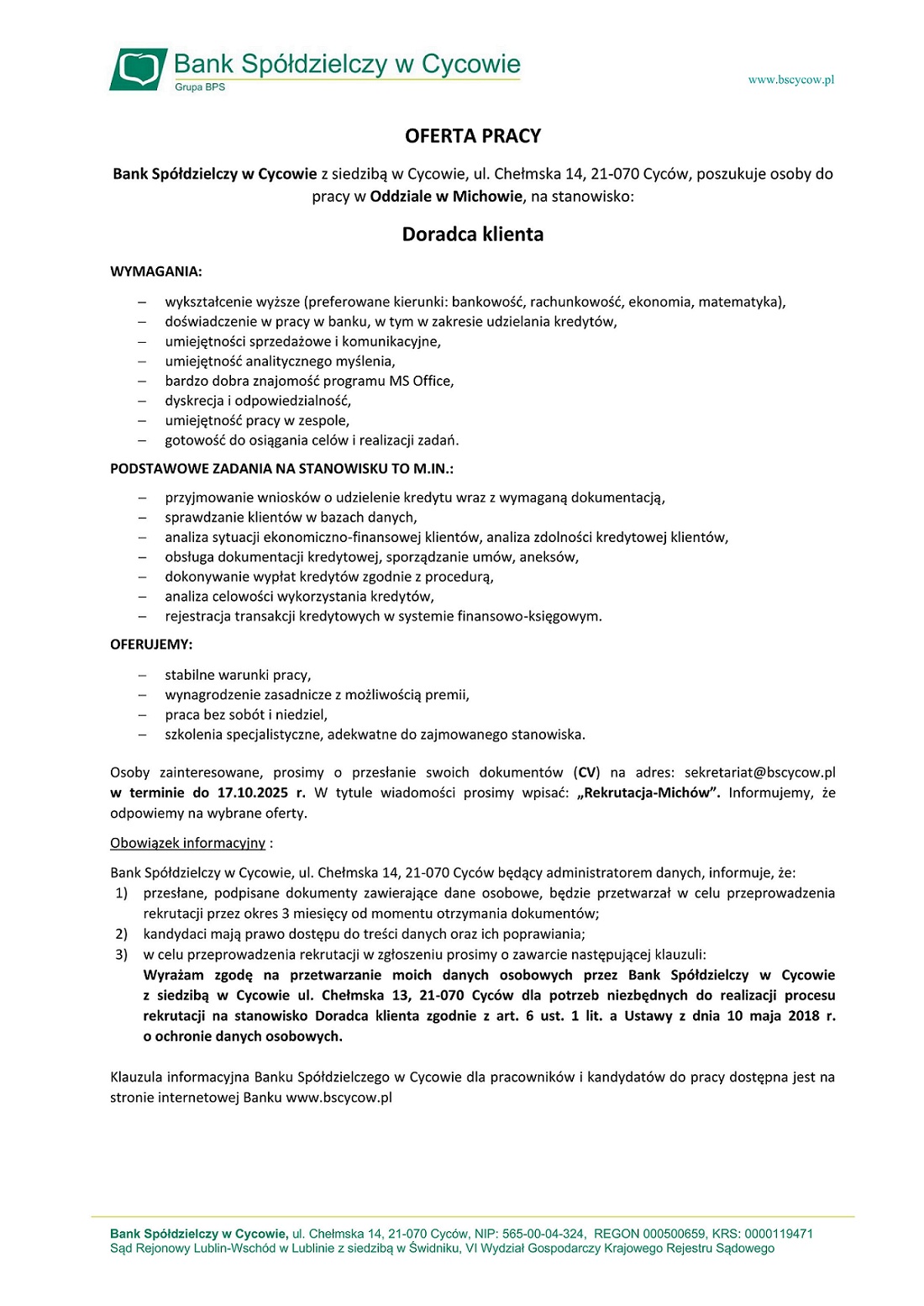 Oferta pracy Doradca Klienta Michow 2025