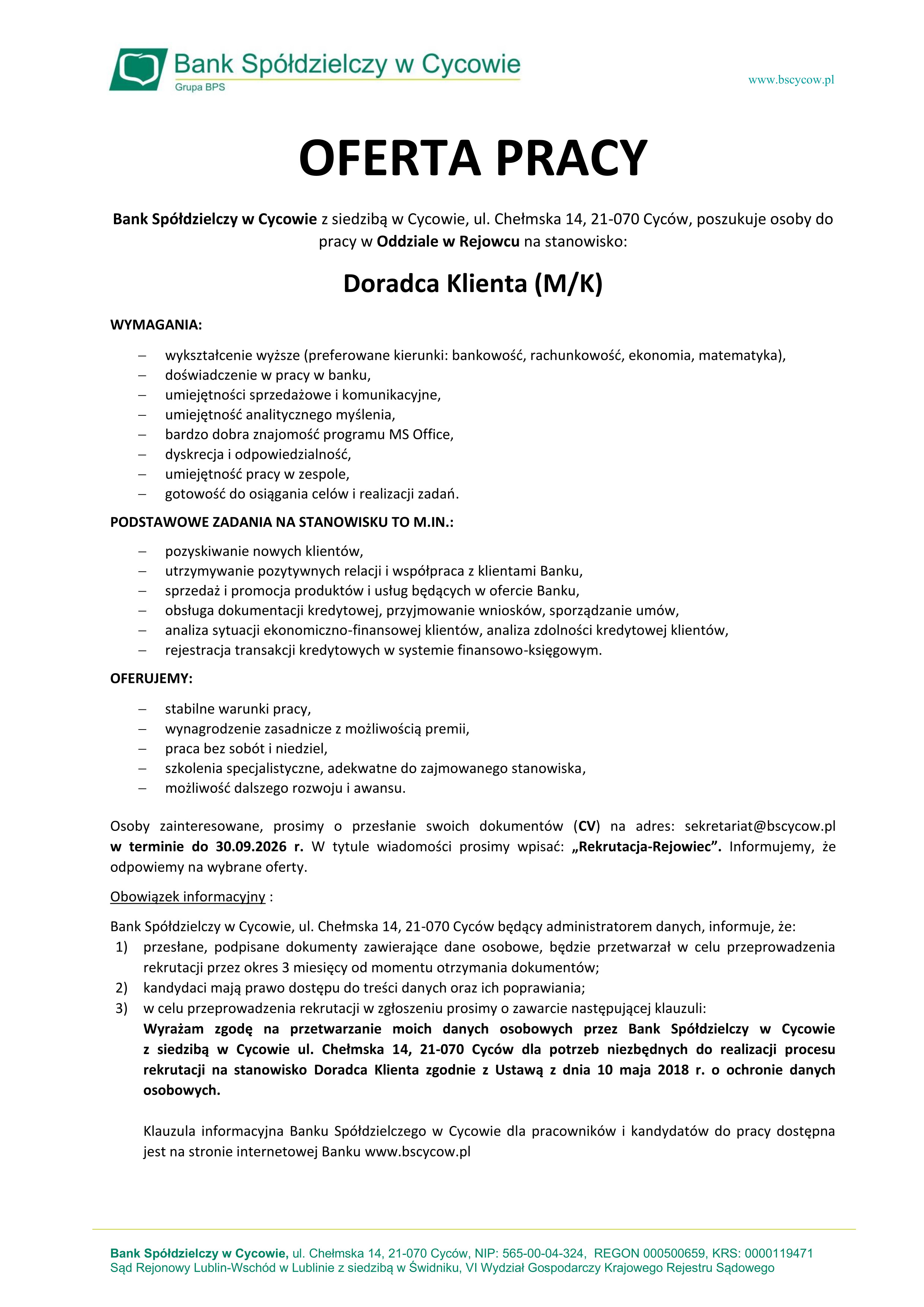 Oferta pracy Doradca Klienta Rejowiec