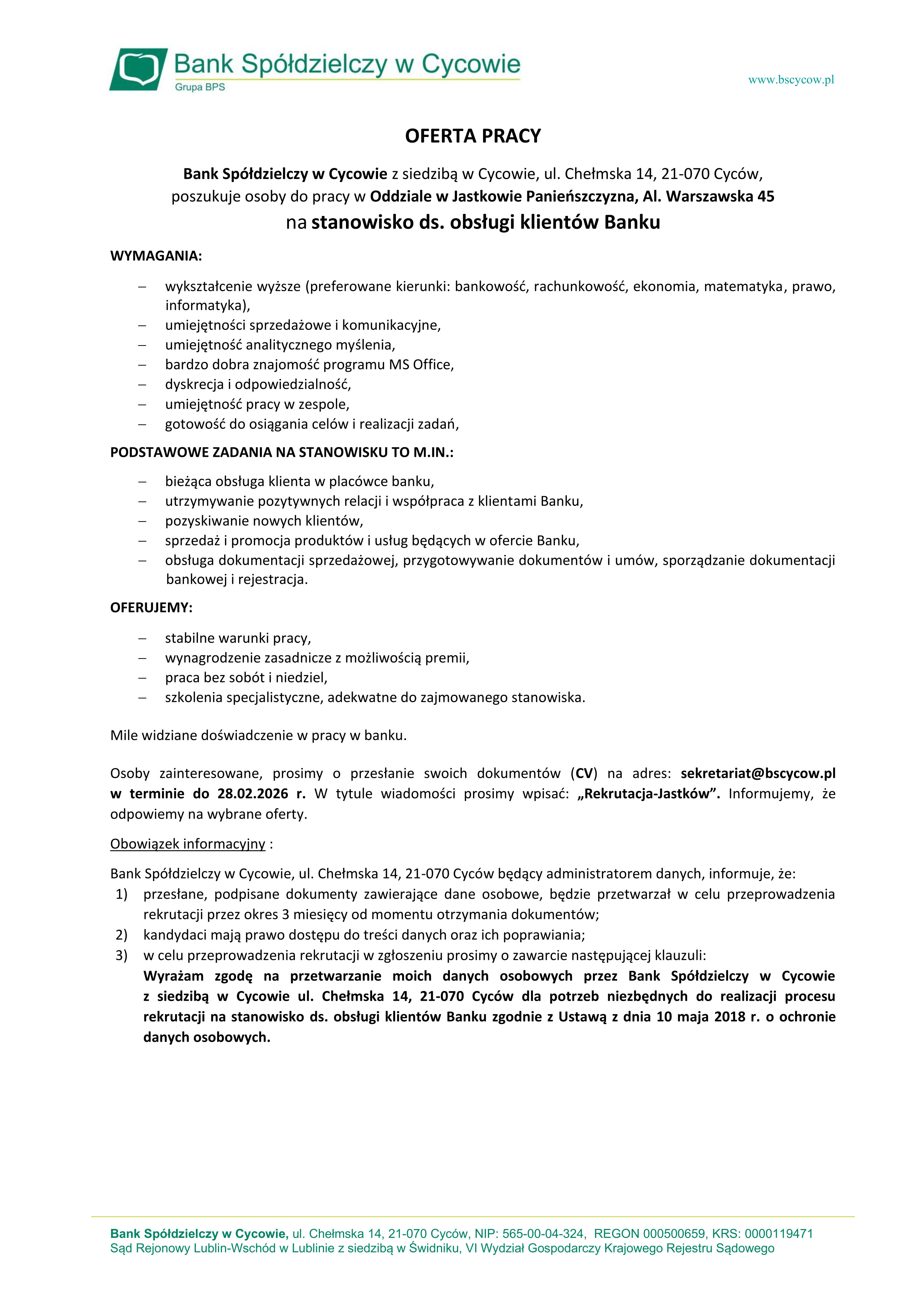 Oferta pracy obsluga klienta Oddzial Jastkow