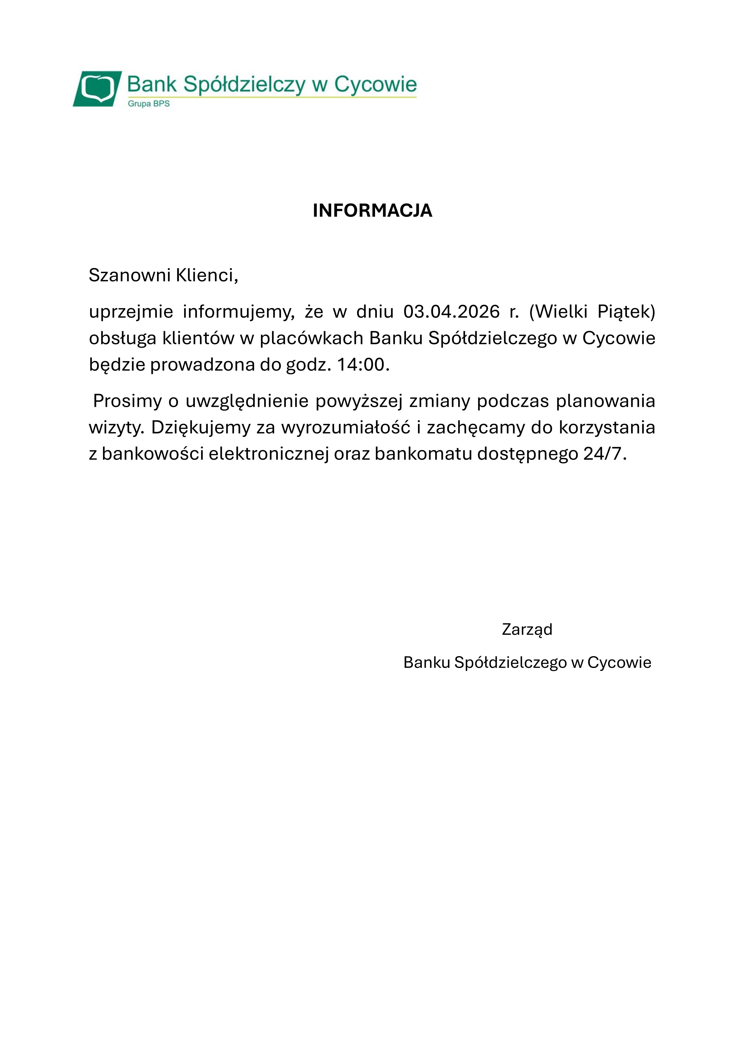 INFORMACJA Wielki Piatek